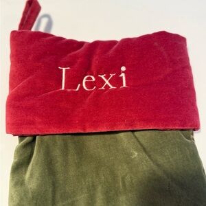 Pottery Barn Red and Green Velvet Stocking - LEXI embroidered